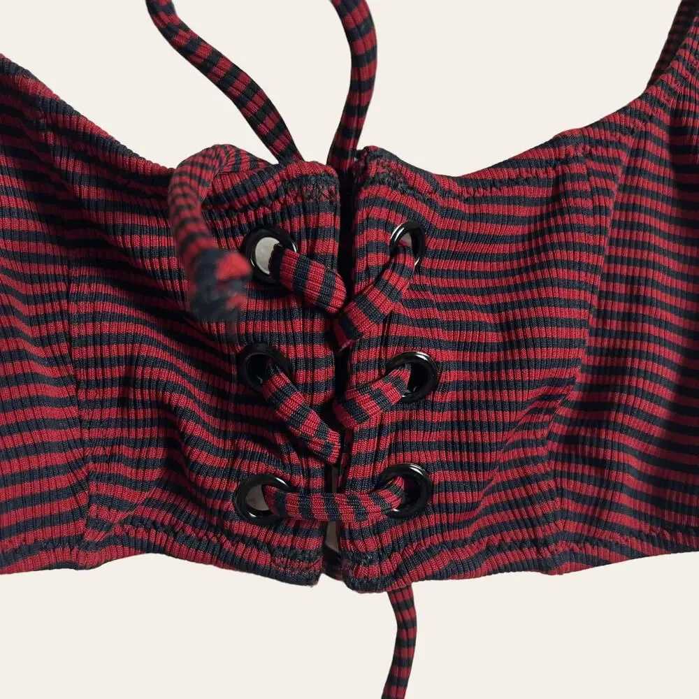 Staud x Solid and Striped Black Red Striped Lace Up Bikini Swimsuit Top S